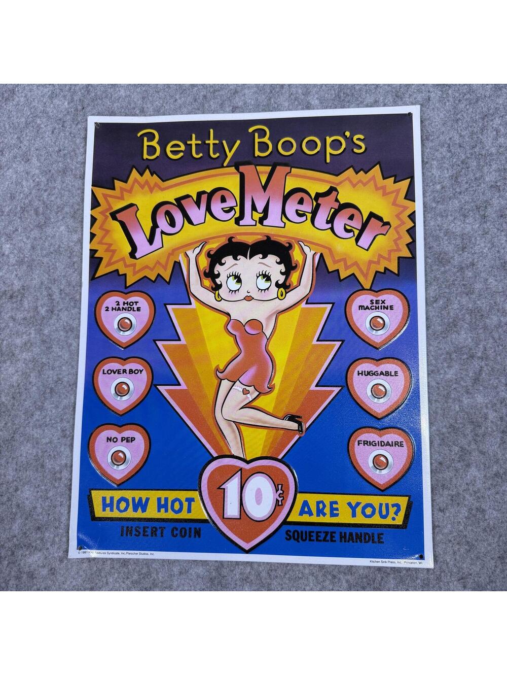 Vintage 90s Betty Boop Love Meter Reproduction Tin Sign Metal Wall Decor